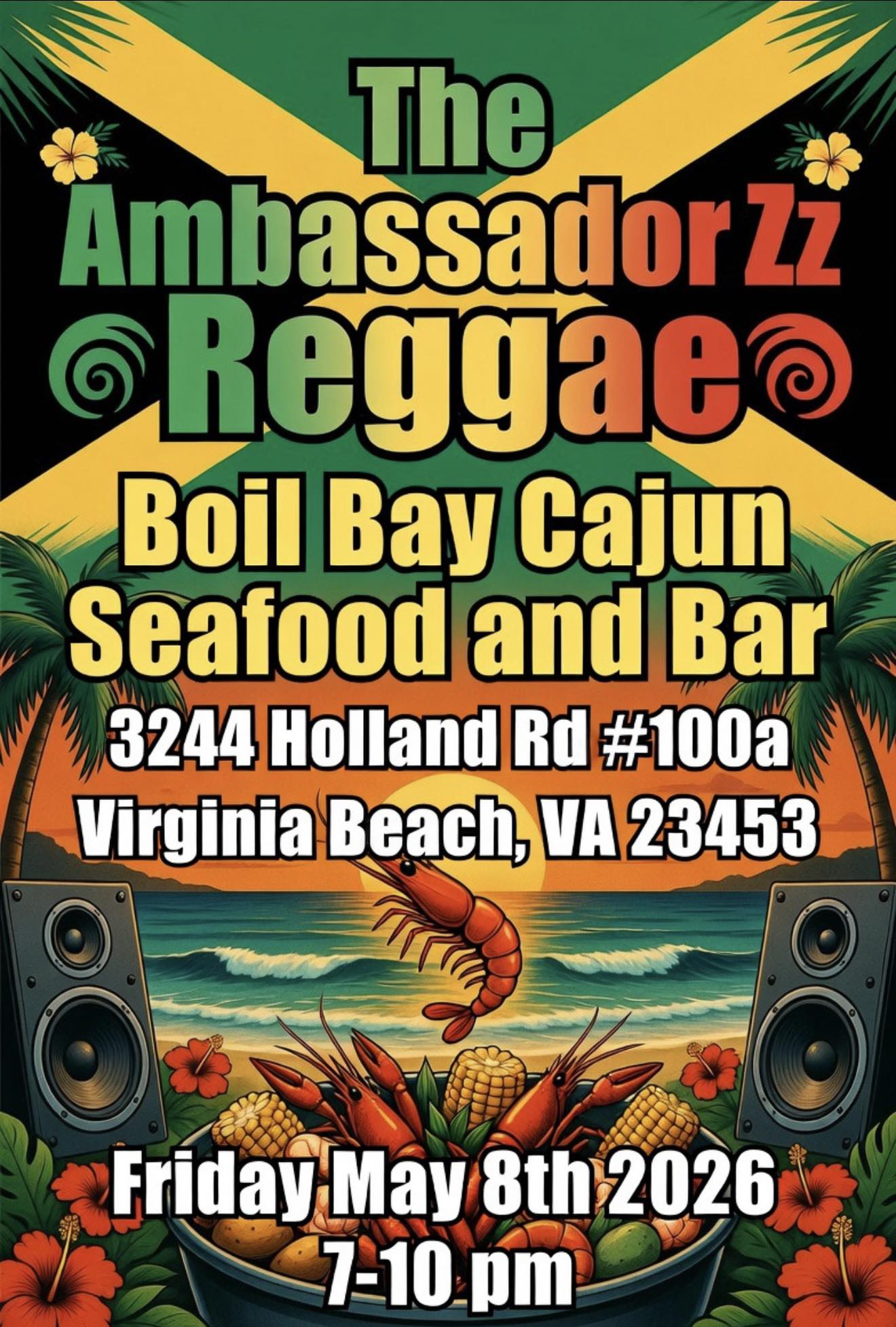 The Ambassadorzz Reggae flyer for Boil Bay Cajun Seafood and Bar in Virginia Beach on May 8, 2026.