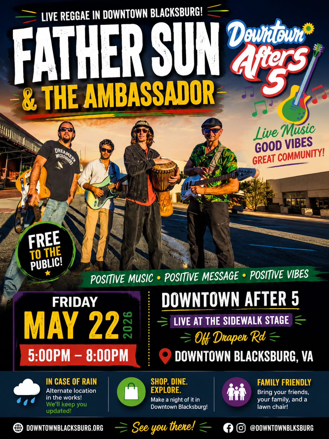 Father Sun & The Ambassador Bring Reggae Vibes to Downtown Blacksburg Father Sun Live at Downtown After 5 in Blacksburg, VA