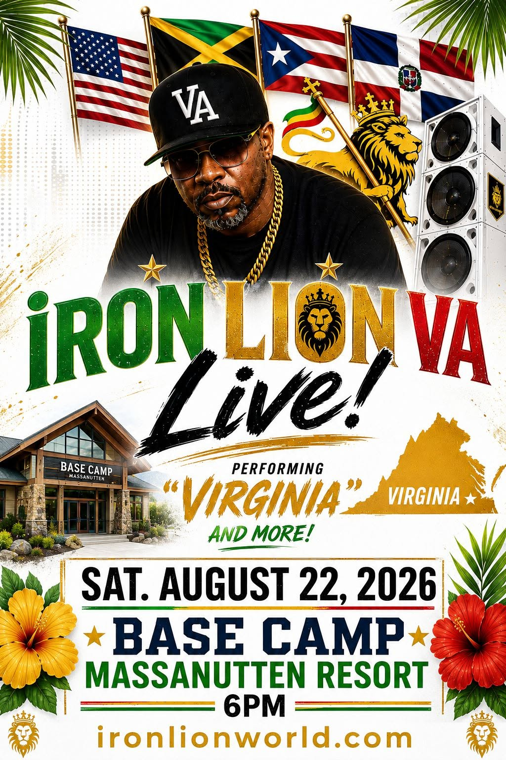 iRon Lion VA Live flyer, performing Virginia at Base Camp Massanutten Resort, Saturday August 22 2026 at 6 PM