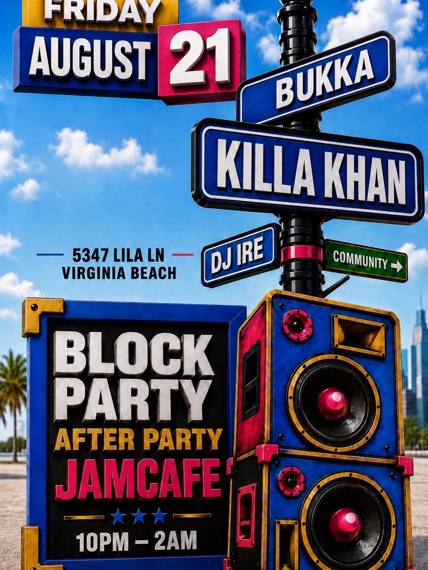 Block Party After Party flyer at Jam Cafe Virginia Beach with Bukka, Killa Khan and DJ Ire, August 21 2026
