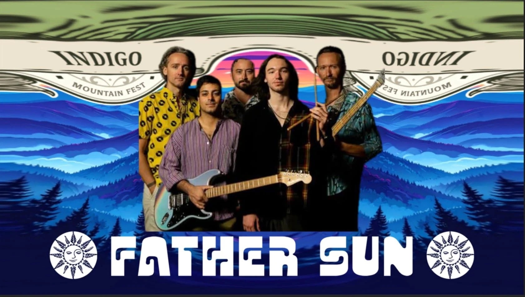 Father Sun band photo on an Indigo Mountain Fest flyer with Blue Ridge mountain artwork
