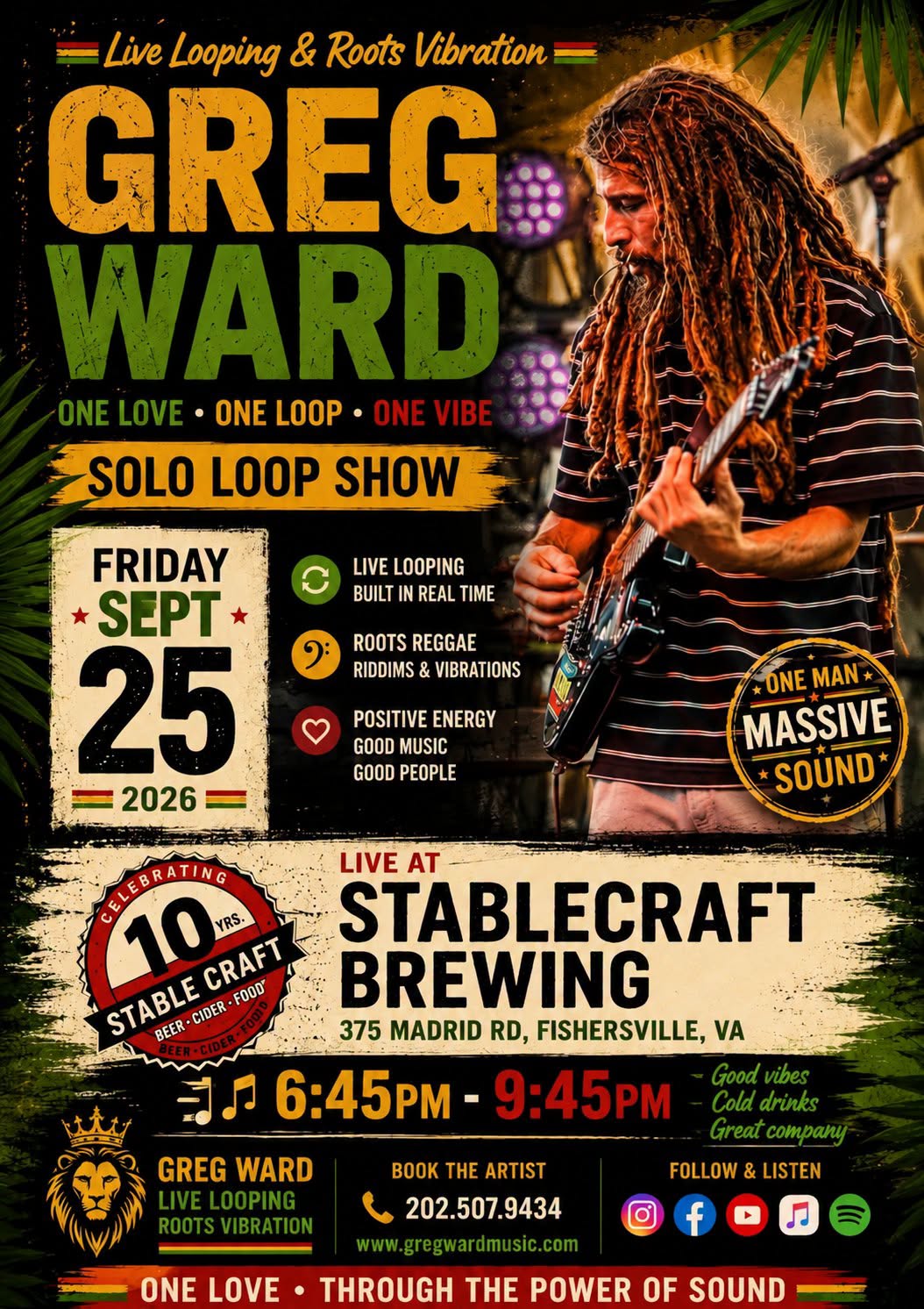 Greg Ward solo loop show flyer, Friday September 25, 2026, 6:45 PM to 9:45 PM at Stable Craft Brewing