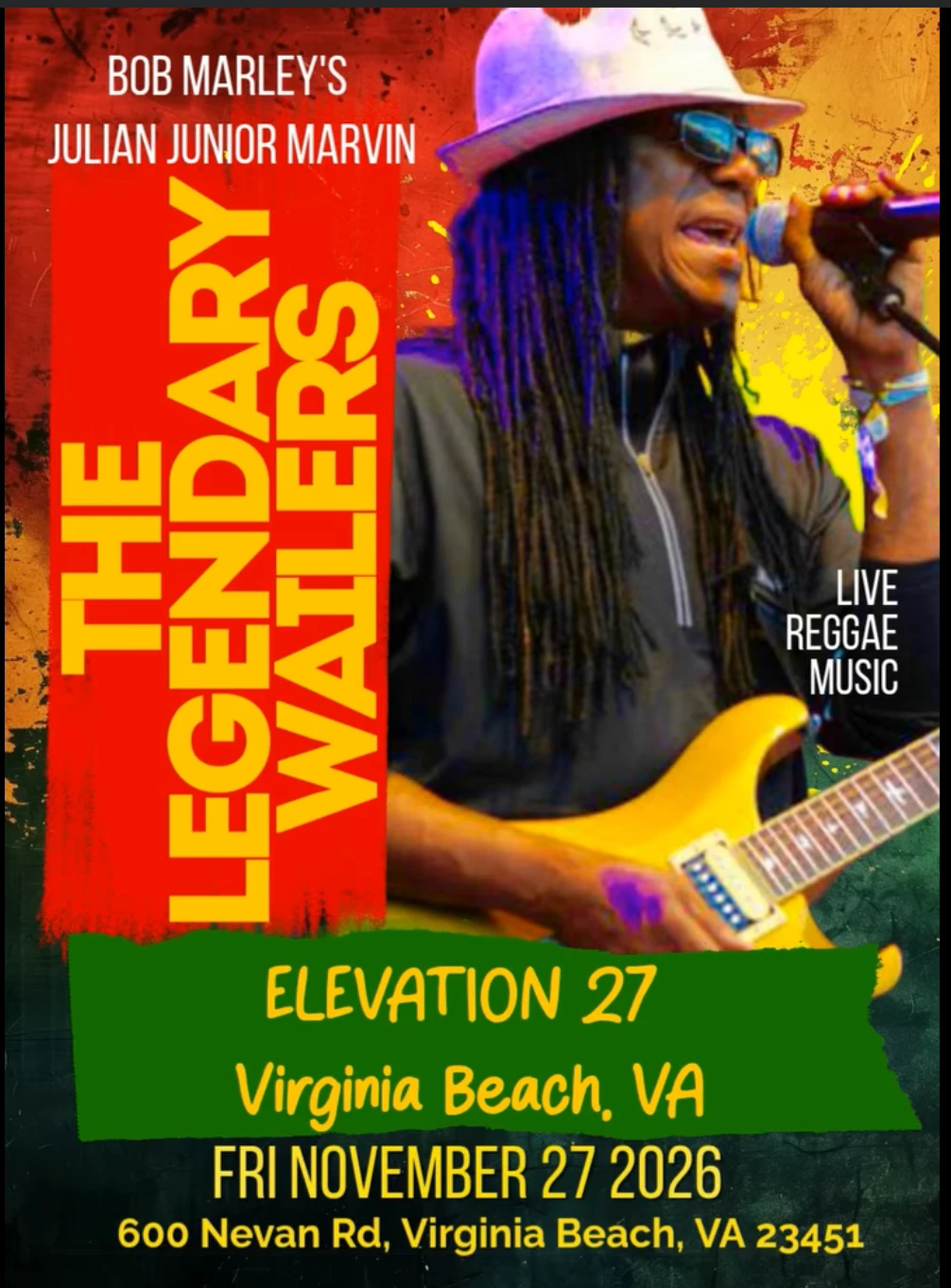 Flyer for The Legendary Wailers featuring Julian Junior Marvin at Elevation 27, Virginia Beach, November 27, 2026