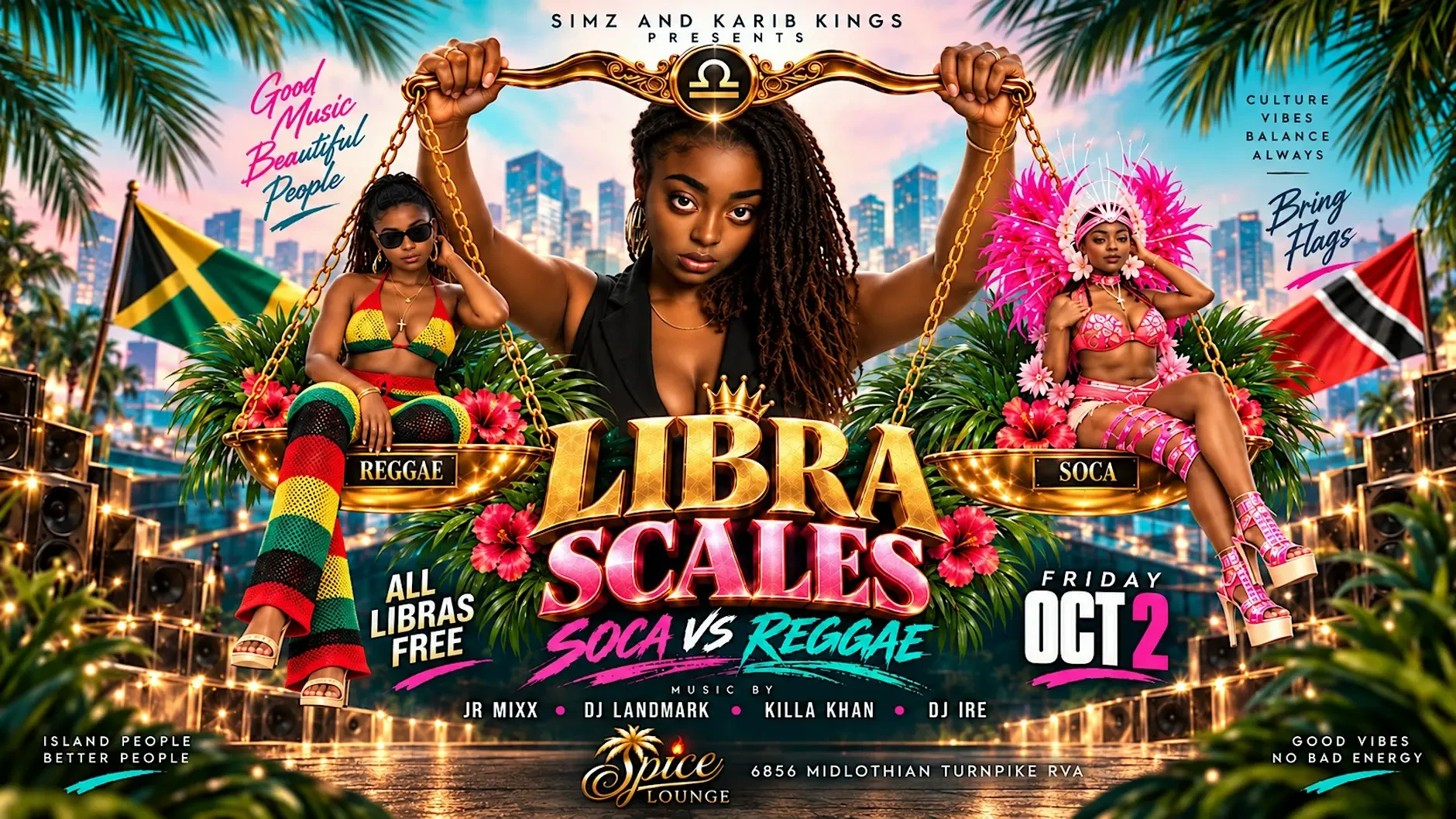 Flyer for Libra Scales: Soca vs Reggae at Spice Restaurant & Lounge, Richmond, Friday October 2, 2026