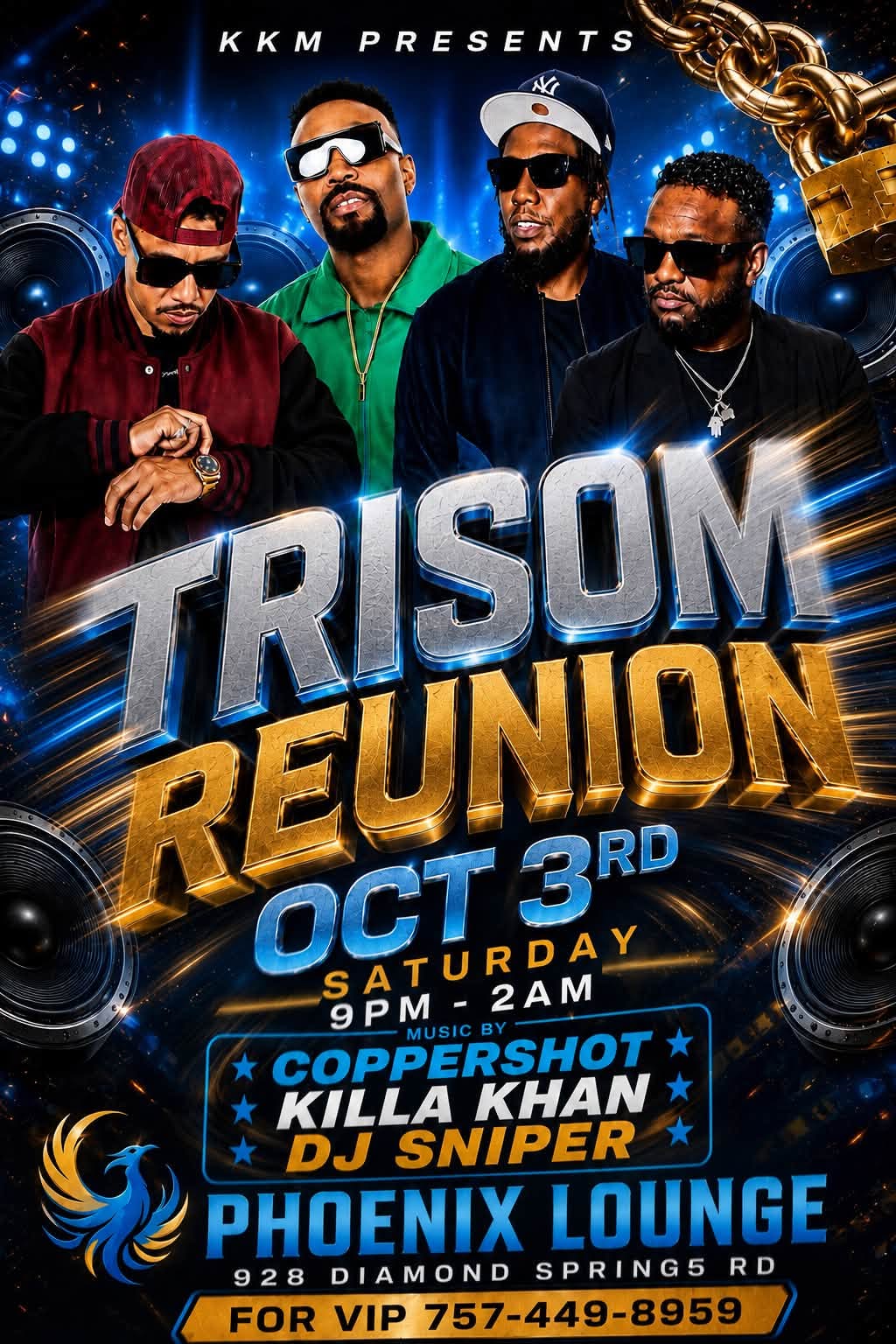 Trisom Reunion flyer, Saturday October 3, 9 PM to 2 AM at Phoenix Lounge, music by Coppershot, Killa Khan and DJ Sniper