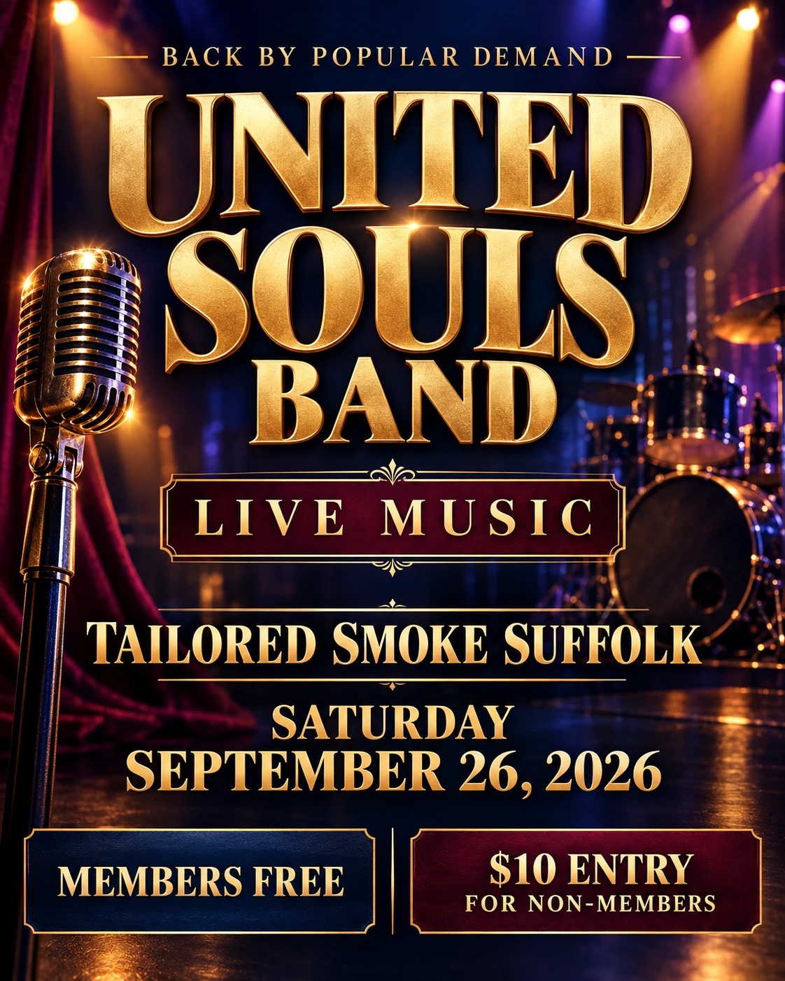 United Souls Band live music flyer, Tailored Smoke Suffolk, Saturday September 26, 2026