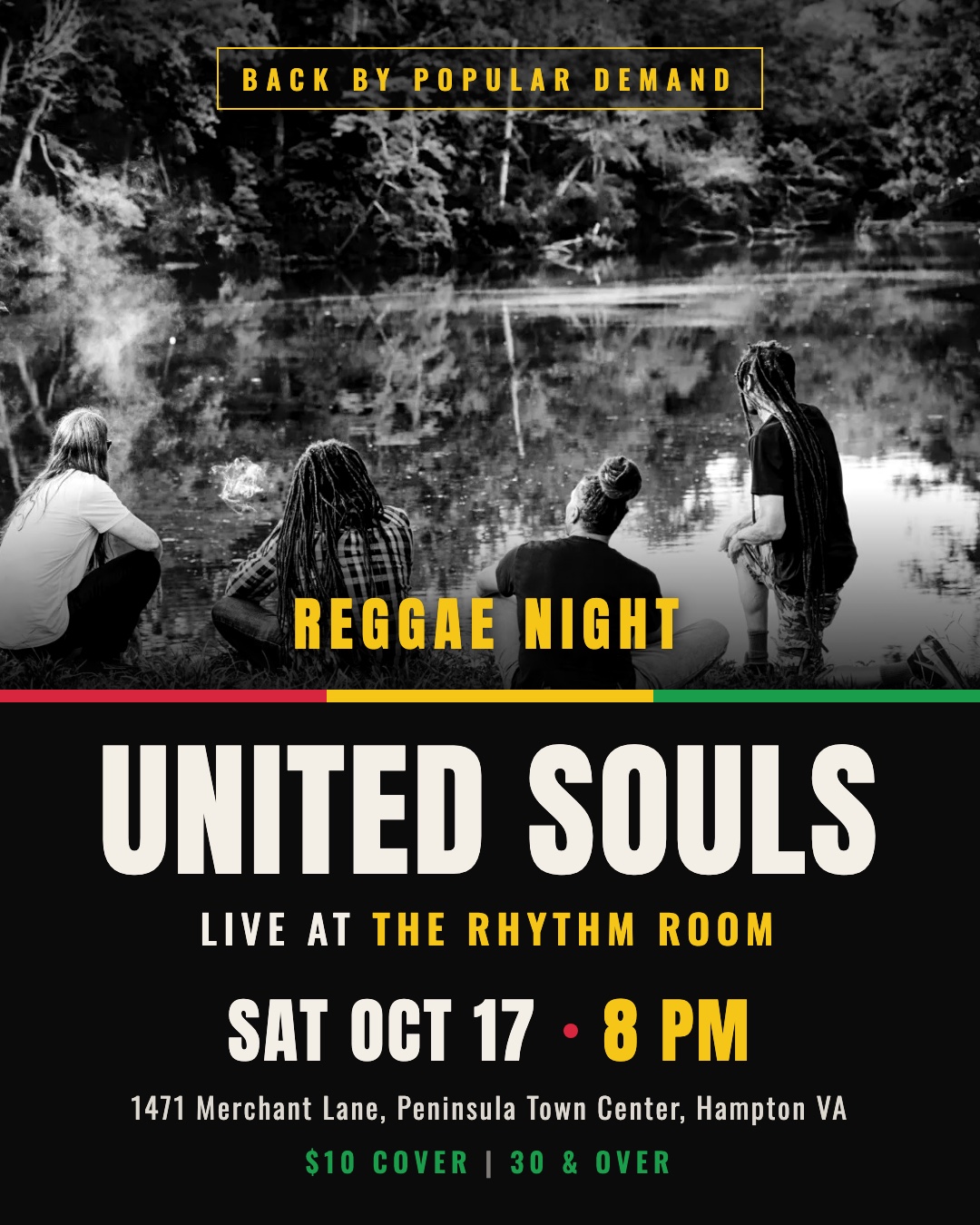 Flyer for United Souls Reggae Night at The Rhythm Room, Hampton, Saturday October 17, 2026 at 8 PM