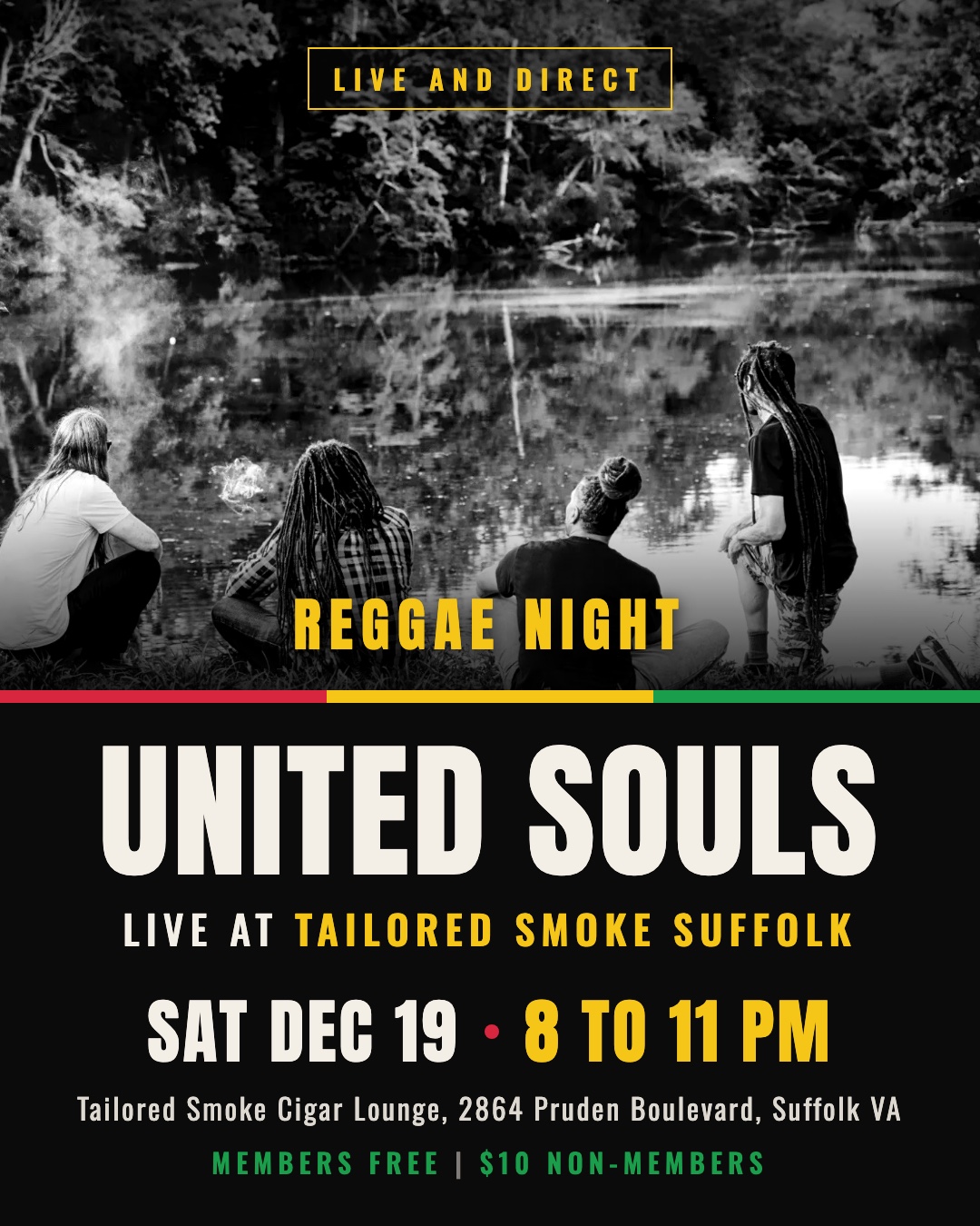 Flyer for United Souls live at Tailored Smoke Cigar Lounge in Suffolk, Saturday December 19, 2026, 8 to 11 PM