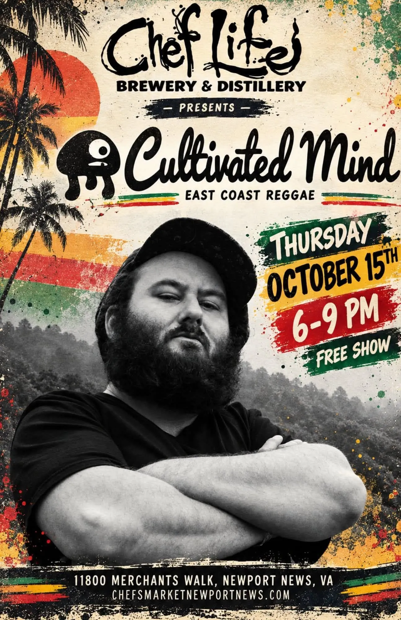 Cultivated Mind flyer, Thursday October 15 at Chef Life Brewery and Distillery, Newport News VA, 6 to 9 PM, free show