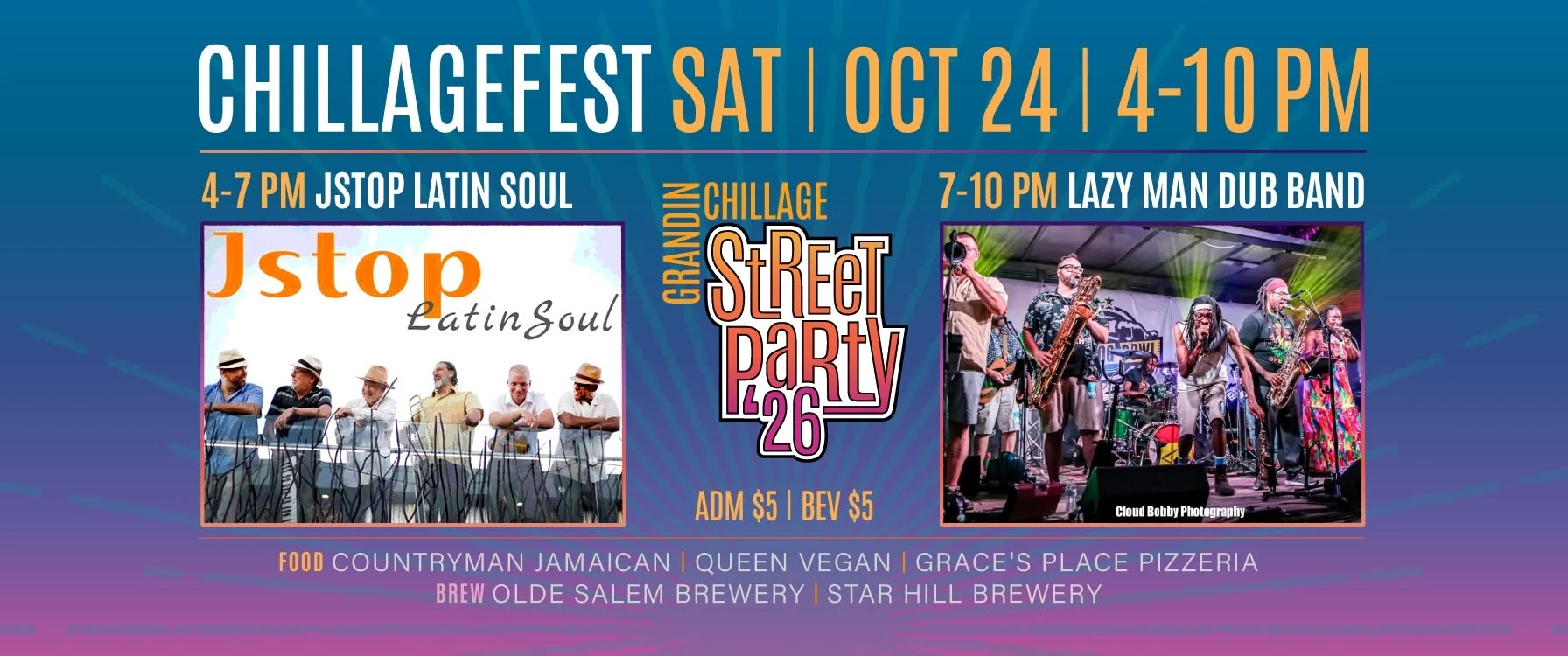 Grandin Chillagefest flyer, Saturday October 24, 4 to 10 PM: JStop Latin Soul and Lazy Man Dub Band, admission $5. Band photo by Cloud Bobby Photography