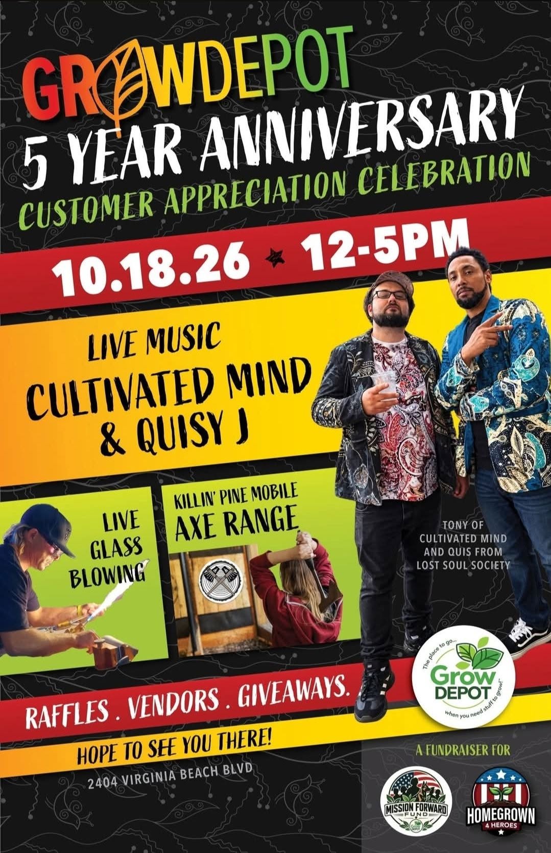 Grow Depot 5 Year Anniversary Customer Appreciation Celebration, 10.18.26, 12 to 5 PM, live music by Cultivated Mind and Quisy J, 2404 Virginia Beach Blvd