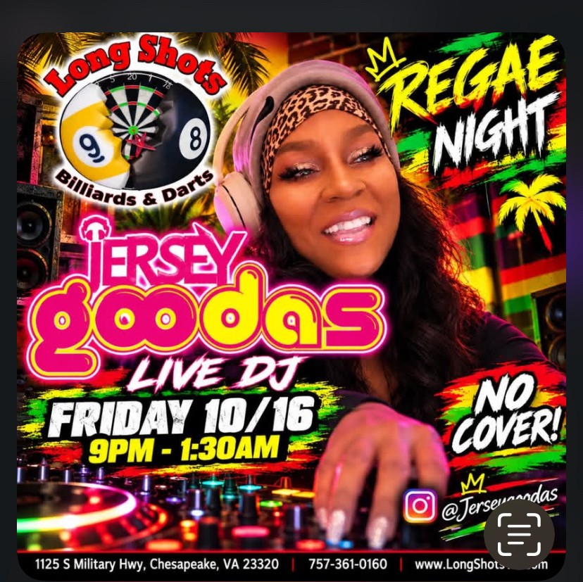 Reggae Night flyer: Jersey Goodas live DJ at Long Shots Billiards & Darts, Chesapeake, Friday 10/16, no cover
