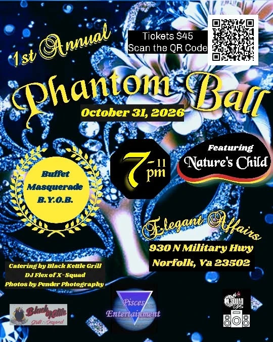 1st Annual Phantom Ball flyer featuring Nature's Child, October 31, 2026, 7 to 11 PM at Elegant Affairs, Norfolk VA, tickets $45